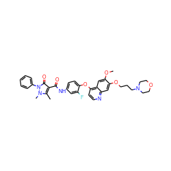 COc1cc2c(Oc3ccc(NC(=O)c4c(C)n(C)n(-c5ccccc5)c4=O)cc3F)ccnc2cc1OCCCN1CCOCC1 ZINC000169344647