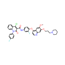 COc1cc2c(Oc3ccc(NC(=O)c4c(Cl)c5ccccc5n(-c5ccc(F)cc5)c4=O)cc3F)ccnc2cc1OCCCN1CCCCC1 ZINC000653721962