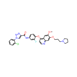 COc1cc2c(Oc3ccc(NC(=O)c4cn(-c5ccccc5Cl)nn4)cc3F)ccnc2cc1OCCCN1CCCC1 ZINC000653894861