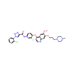 COc1cc2c(Oc3ccc(NC(=O)c4cn(-c5ccccc5Cl)nn4)cc3F)ccnc2cc1OCCCN1CCN(C)CC1 ZINC000653915957