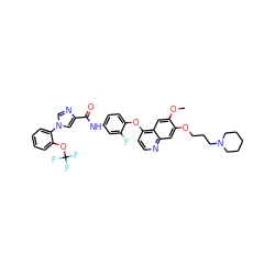 COc1cc2c(Oc3ccc(NC(=O)c4cn(-c5ccccc5OC(F)(F)F)cn4)cc3F)ccnc2cc1OCCCN1CCCCC1 ZINC001772624682