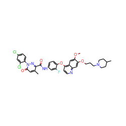 COc1cc2c(Oc3ccc(NC(=O)c4nn(-c5ccc(Cl)cc5Cl)c(=O)cc4C)cc3F)ccnc2cc1OCCCN1CCC(C)CC1 ZINC000169350399