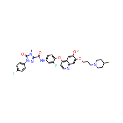 COc1cc2c(Oc3ccc(NC(=O)c4nn(-c5ccc(F)cc5)c(=O)n4C)cc3F)ccnc2cc1OCCCN1CCC(C)CC1 ZINC001772649895