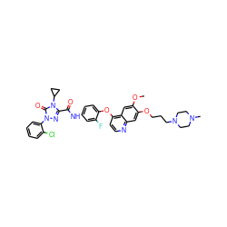 COc1cc2c(Oc3ccc(NC(=O)c4nn(-c5ccccc5Cl)c(=O)n4C4CC4)cc3F)ccnc2cc1OCCCN1CCN(C)CC1 ZINC001772631349