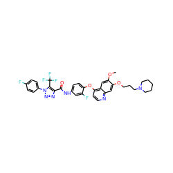 COc1cc2c(Oc3ccc(NC(=O)c4nnn(-c5ccc(F)cc5)c4C(F)(F)F)cc3F)ccnc2cc1OCCCN1CCCCC1 ZINC000222115054