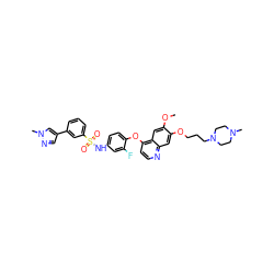 COc1cc2c(Oc3ccc(NS(=O)(=O)c4cccc(-c5cnn(C)c5)c4)cc3F)ccnc2cc1OCCCN1CCN(C)CC1 ZINC000169344653