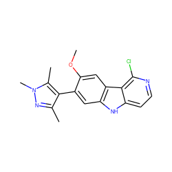 COc1cc2c(cc1-c1c(C)nn(C)c1C)[nH]c1ccnc(Cl)c12 ZINC000224901768