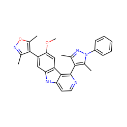 COc1cc2c(cc1-c1c(C)noc1C)[nH]c1ccnc(-c3c(C)nn(-c4ccccc4)c3C)c12 ZINC000224878117