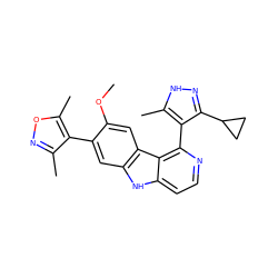 COc1cc2c(cc1-c1c(C)noc1C)[nH]c1ccnc(-c3c(C4CC4)n[nH]c3C)c12 ZINC000212275034