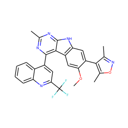 COc1cc2c(cc1-c1c(C)noc1C)[nH]c1nc(C)nc(-c3cc(C(F)(F)F)nc4ccccc34)c12 ZINC000225378097