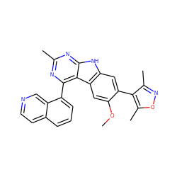 COc1cc2c(cc1-c1c(C)noc1C)[nH]c1nc(C)nc(-c3cccc4ccncc34)c12 ZINC000225377797