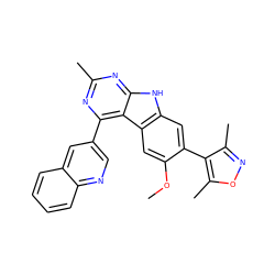 COc1cc2c(cc1-c1c(C)noc1C)[nH]c1nc(C)nc(-c3cnc4ccccc4c3)c12 ZINC000225377970