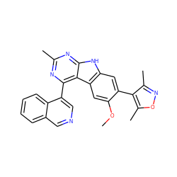 COc1cc2c(cc1-c1c(C)noc1C)[nH]c1nc(C)nc(-c3cncc4ccccc34)c12 ZINC000225377883