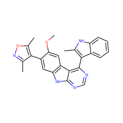 COc1cc2c(cc1-c1c(C)noc1C)[nH]c1ncnc(-c3c(C)[nH]c4ccccc34)c12 ZINC000225373122