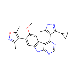 COc1cc2c(cc1-c1c(C)noc1C)[nH]c1ncnc(-c3c(C4CC4)n[nH]c3C)c12 ZINC000225374408