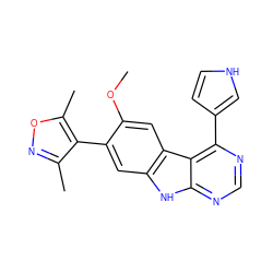 COc1cc2c(cc1-c1c(C)noc1C)[nH]c1ncnc(-c3cc[nH]c3)c12 ZINC000225373262