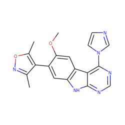 COc1cc2c(cc1-c1c(C)noc1C)[nH]c1ncnc(-n3ccnc3)c12 ZINC000225372782