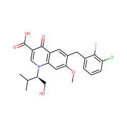 COc1cc2c(cc1Cc1cccc(Cl)c1F)c(=O)c(C(=O)O)cn2[C@@H](CO)C(C)C ZINC000029134950