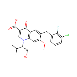 COc1cc2c(cc1Cc1cccc(Cl)c1F)c(=O)c(C(=O)O)cn2[C@H](CO)C(C)C ZINC000013682481