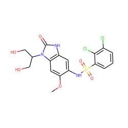 COc1cc2c(cc1NS(=O)(=O)c1cccc(Cl)c1Cl)[nH]c(=O)n2C(CO)CO ZINC000299839697