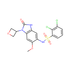 COc1cc2c(cc1NS(=O)(=O)c1cccc(Cl)c1Cl)[nH]c(=O)n2C1COC1 ZINC000299835282