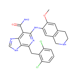 COc1cc2c(cc1Nc1nc(Cc3c(Cl)cccc3Cl)c3[nH]cnc3c1C(N)=O)CNCC2 ZINC000200870281