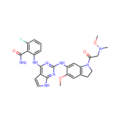 COc1cc2c(cc1Nc1nc(Nc3cccc(F)c3C(N)=O)c3cc[nH]c3n1)N(C(=O)CN(C)OC)CC2 ZINC000044404856