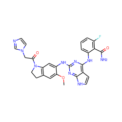 COc1cc2c(cc1Nc1nc(Nc3cccc(F)c3C(N)=O)c3cc[nH]c3n1)N(C(=O)Cn1ccnc1)CC2 ZINC000044405179