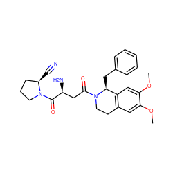 COc1cc2c(cc1OC)[C@H](Cc1ccccc1)N(C(=O)C[C@H](N)C(=O)N1CCC[C@H]1C#N)CC2 ZINC000028472342