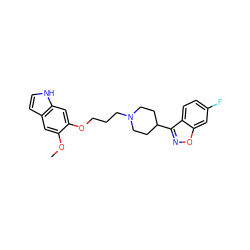 COc1cc2cc[nH]c2cc1OCCCN1CCC(c2noc3cc(F)ccc23)CC1 ZINC000012356405