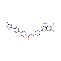 COc1cc2nc(N3CCC(CNC(=O)c4ccc(-c5ccc(-c6noc(C)n6)cc5)cc4)CC3)nc(N)c2cc1OC ZINC000049626553