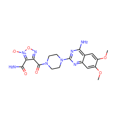 COc1cc2nc(N3CCN(C(=O)c4no[n+]([O-])c4C(N)=O)CC3)nc(N)c2cc1OC ZINC000013744947