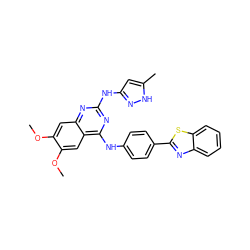 COc1cc2nc(Nc3cc(C)[nH]n3)nc(Nc3ccc(-c4nc5ccccc5s4)cc3)c2cc1OC ZINC000040405675