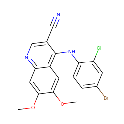 COc1cc2ncc(C#N)c(Nc3ccc(Br)cc3Cl)c2cc1OC ZINC000013862213