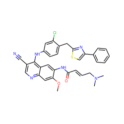 COc1cc2ncc(C#N)c(Nc3ccc(Cc4nc(-c5ccccc5)cs4)c(Cl)c3)c2cc1NC(=O)/C=C/CN(C)C ZINC000028124467