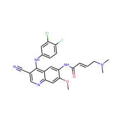 COc1cc2ncc(C#N)c(Nc3ccc(F)c(Cl)c3)c2cc1NC(=O)/C=C/CN(C)C ZINC000002005167