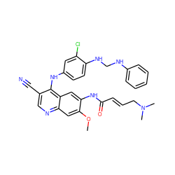 COc1cc2ncc(C#N)c(Nc3ccc(NCNc4ccccc4)c(Cl)c3)c2cc1NC(=O)/C=C/CN(C)C ZINC000028126673