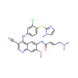 COc1cc2ncc(C#N)c(Nc3ccc(Sc4nccn4C)c(Cl)c3)c2cc1NC(=O)/C=C/CN(C)C ZINC000028121609