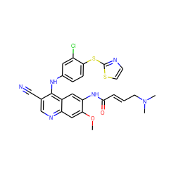 COc1cc2ncc(C#N)c(Nc3ccc(Sc4nccs4)c(Cl)c3)c2cc1NC(=O)/C=C/CN(C)C ZINC000028119920