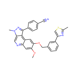 COc1cc2ncc3c(c(-c4ccc(C#N)cc4)nn3C)c2cc1OCc1cccc(-c2csc(C)n2)c1 ZINC000169704813