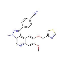 COc1cc2ncc3c(c(-c4ccc(C#N)cc4)nn3C)c2cc1OCc1cscn1 ZINC000169704811