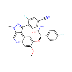 COc1cc2ncc3c(c(-c4ccc(C#N)cc4F)nn3C)c2cc1O[C@@H](C(N)=O)c1ccc(F)cc1 ZINC000169704791