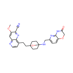 COc1cc2nccc(CCC34CCC(NCc5ccc6c(n5)NC(=O)CO6)(CC3)CO4)c2nc1C#N ZINC000299855511