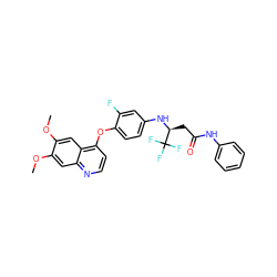 COc1cc2nccc(Oc3ccc(N[C@@H](CC(=O)Nc4ccccc4)C(F)(F)F)cc3F)c2cc1OC ZINC000049762525