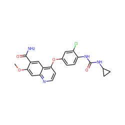 COc1cc2nccc(Oc3ccc(NC(=O)NC4CC4)c(Cl)c3)c2cc1C(N)=O ZINC000003816292