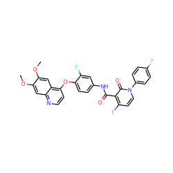 COc1cc2nccc(Oc3ccc(NC(=O)c4c(I)ccn(-c5ccc(F)cc5)c4=O)cc3F)c2cc1OC ZINC000169333360