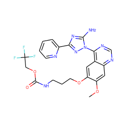 COc1cc2ncnc(-n3nc(-c4ccccn4)nc3N)c2cc1OCCCNC(=O)OCC(F)(F)F ZINC000653691237