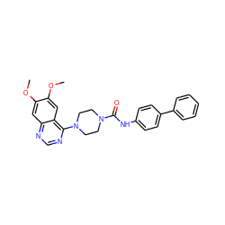 COc1cc2ncnc(N3CCN(C(=O)Nc4ccc(-c5ccccc5)cc4)CC3)c2cc1OC ZINC000013474781