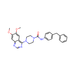 COc1cc2ncnc(N3CCN(C(=O)Nc4ccc(Cc5ccccc5)cc4)CC3)c2cc1OC ZINC000013474804