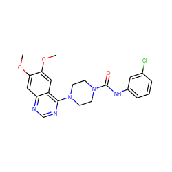 COc1cc2ncnc(N3CCN(C(=O)Nc4cccc(Cl)c4)CC3)c2cc1OC ZINC000013474772